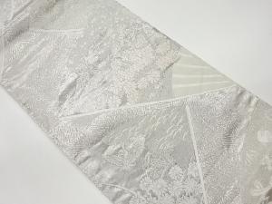 リサイクル　プラチナ箔二重織扇に鶴・秋草模様織出し袋帯